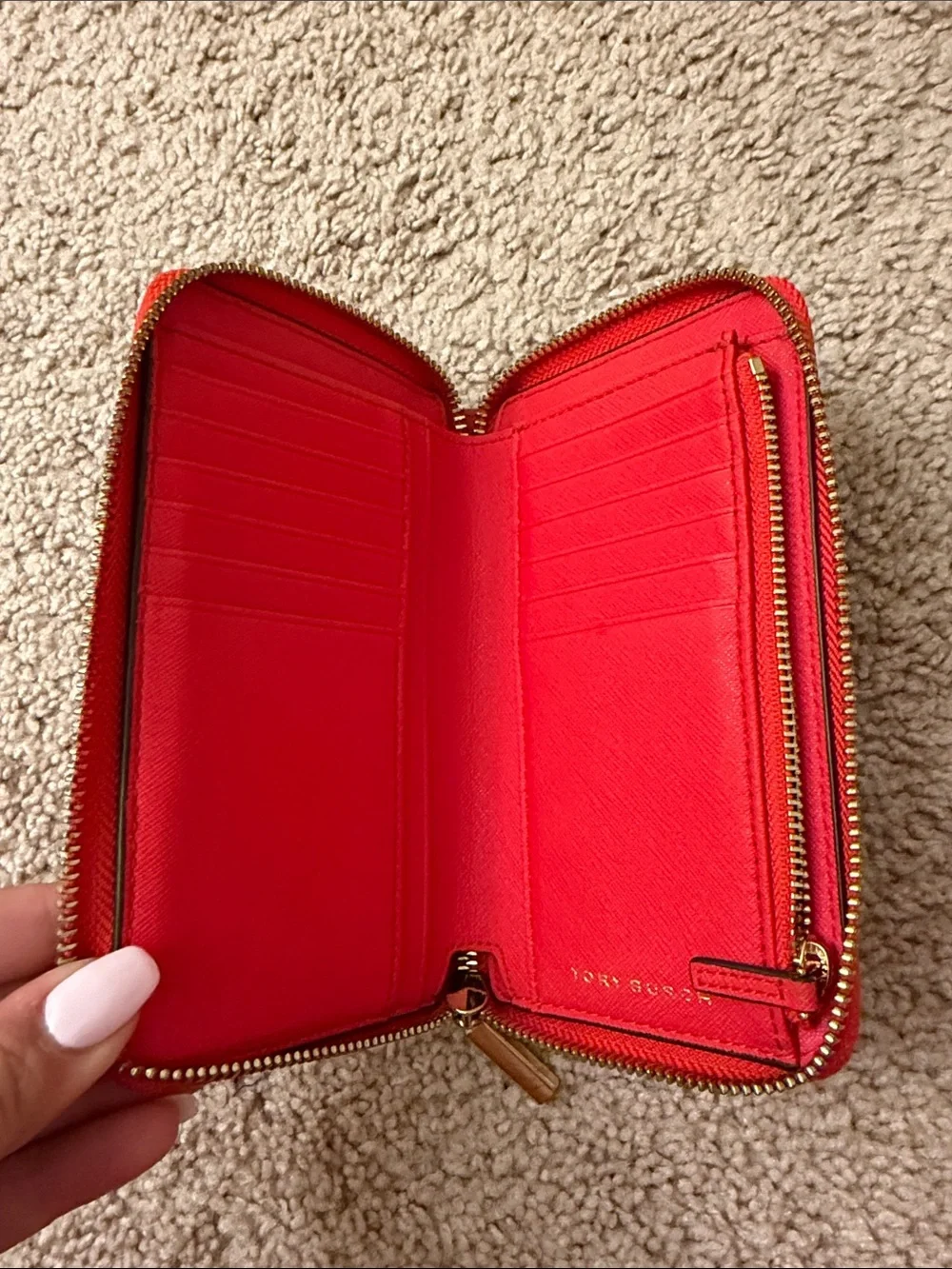 Tory Burch Red Zip Around Wallet with Gold Accents
